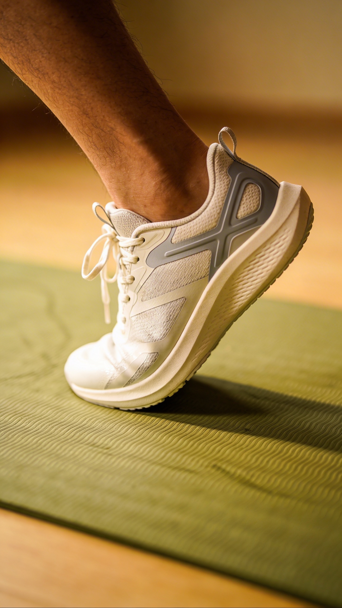 closeup of one sneakered foot mid-squat on a yoga mat