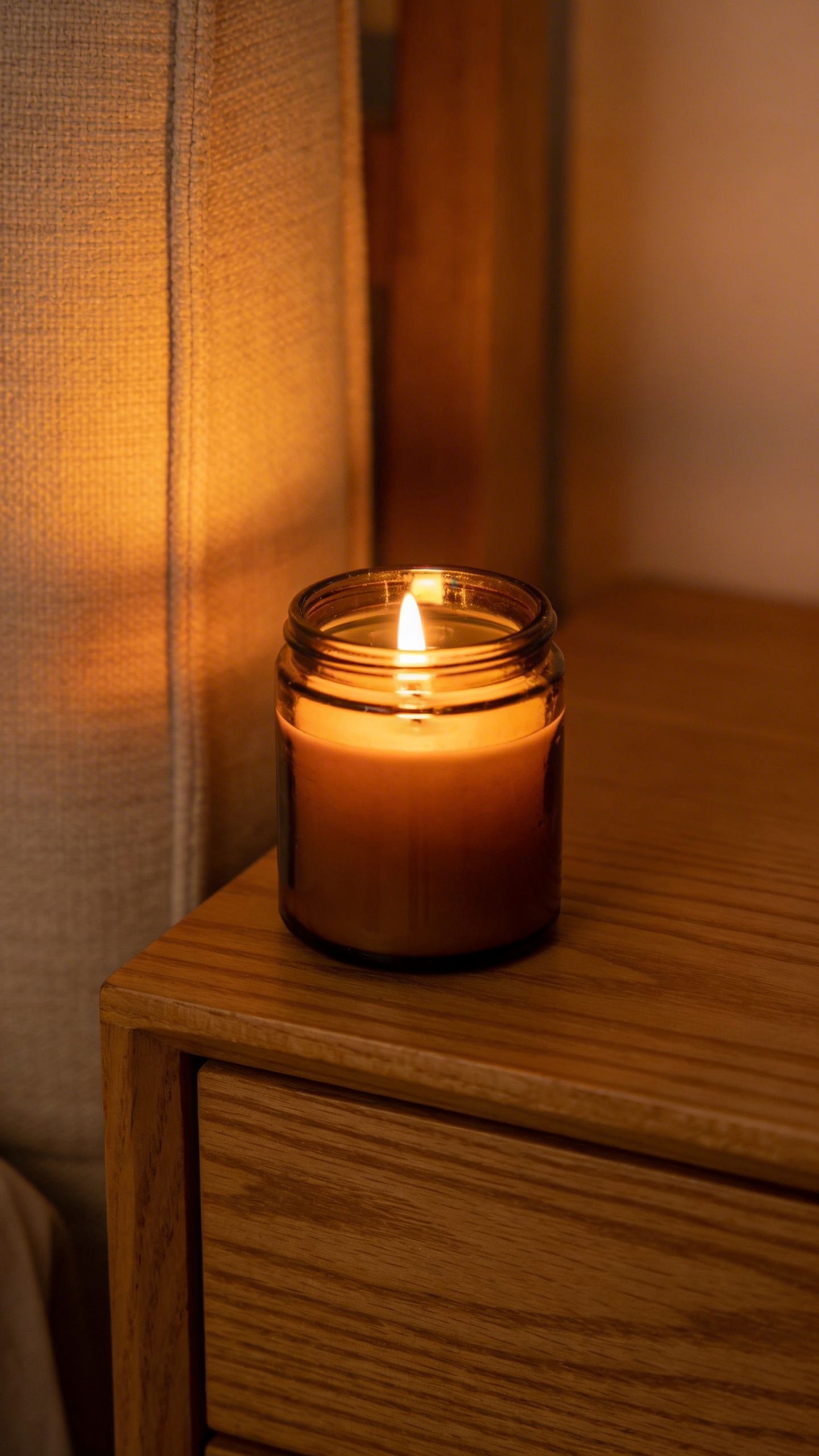 amber glass candle glowing on wooden nightstand