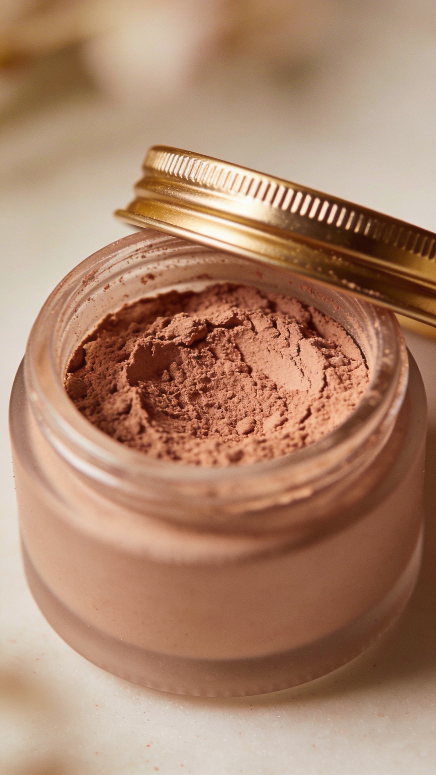 closeup of rose clay face mask jar with gold lid