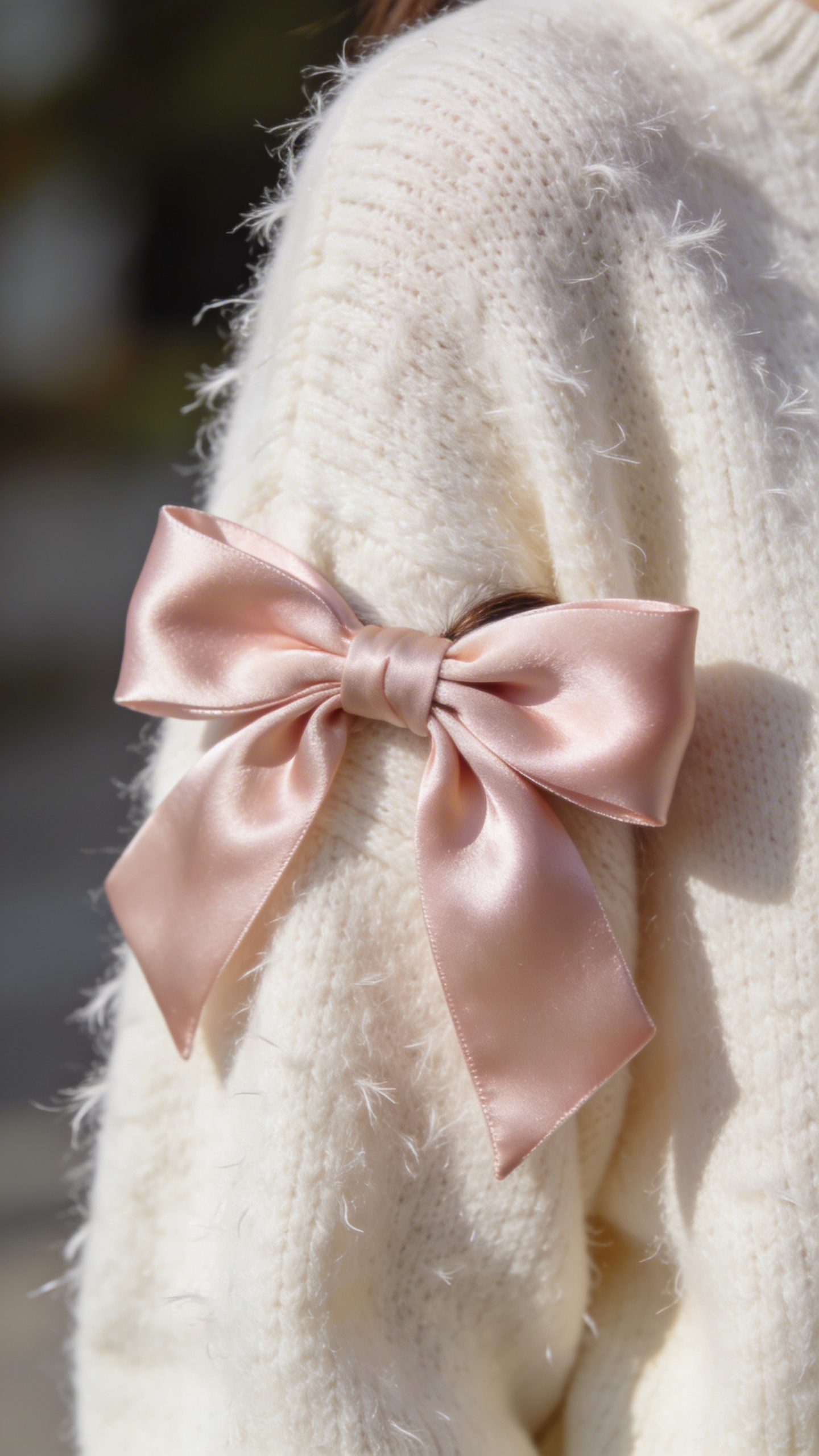 silk hair bow on cream cashmere sweater, closeup texture