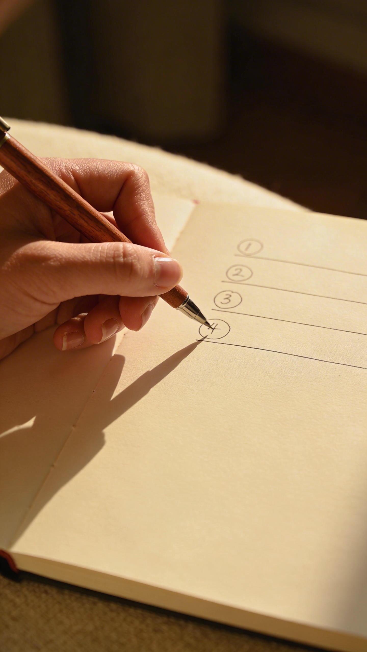 closeup of a woman’s hand journaling five lines, soft morning light