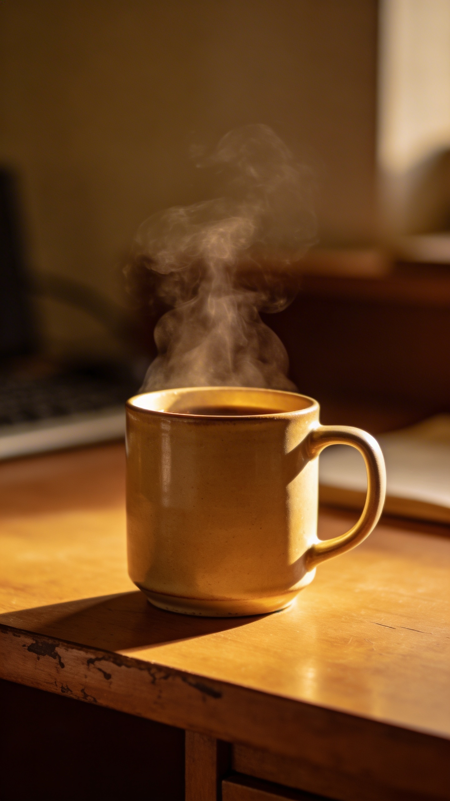 closeup of a single ceramic mug steaming on a desk