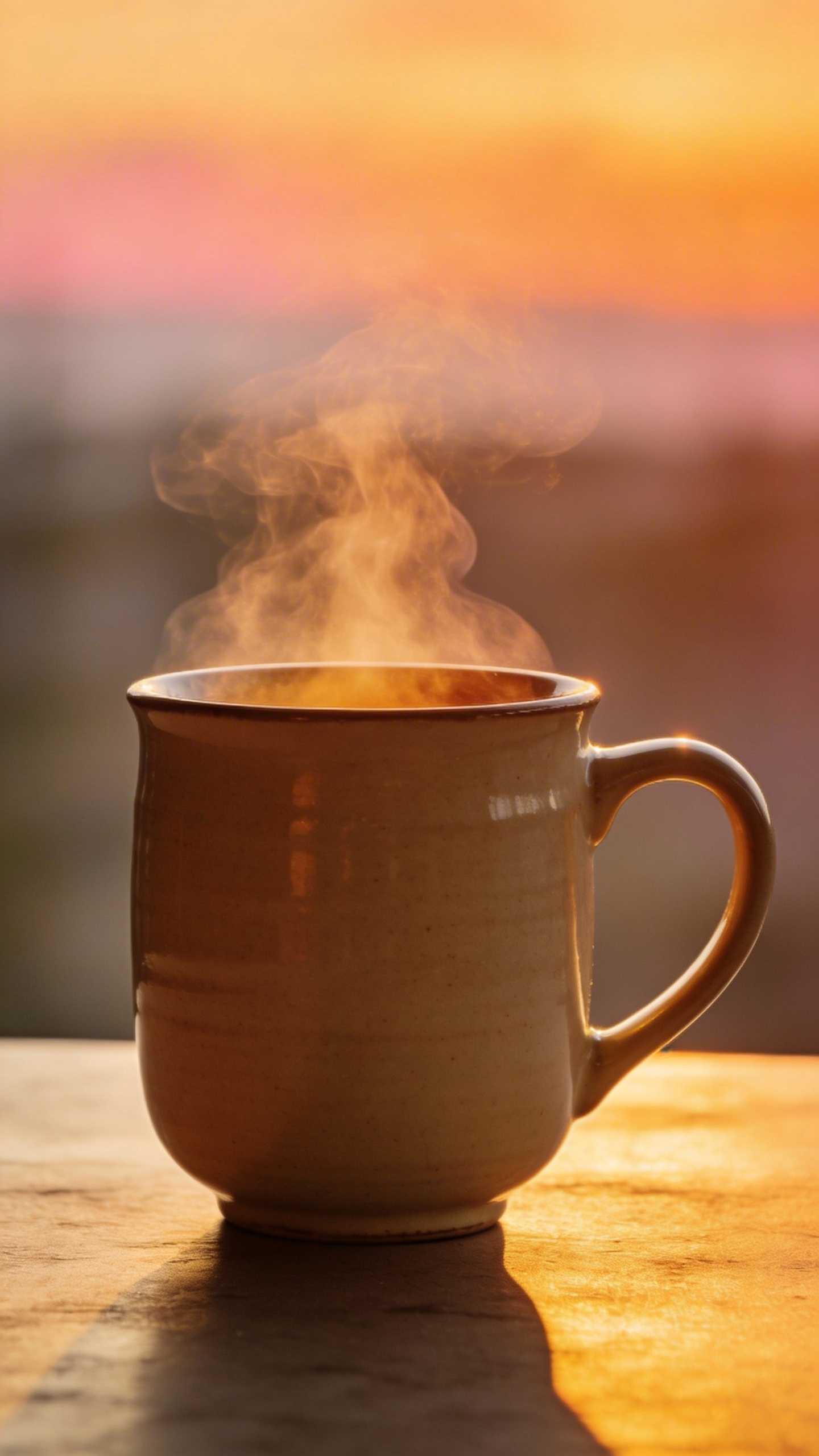 closeup of a single steaming herbal tea mug at sunrise
