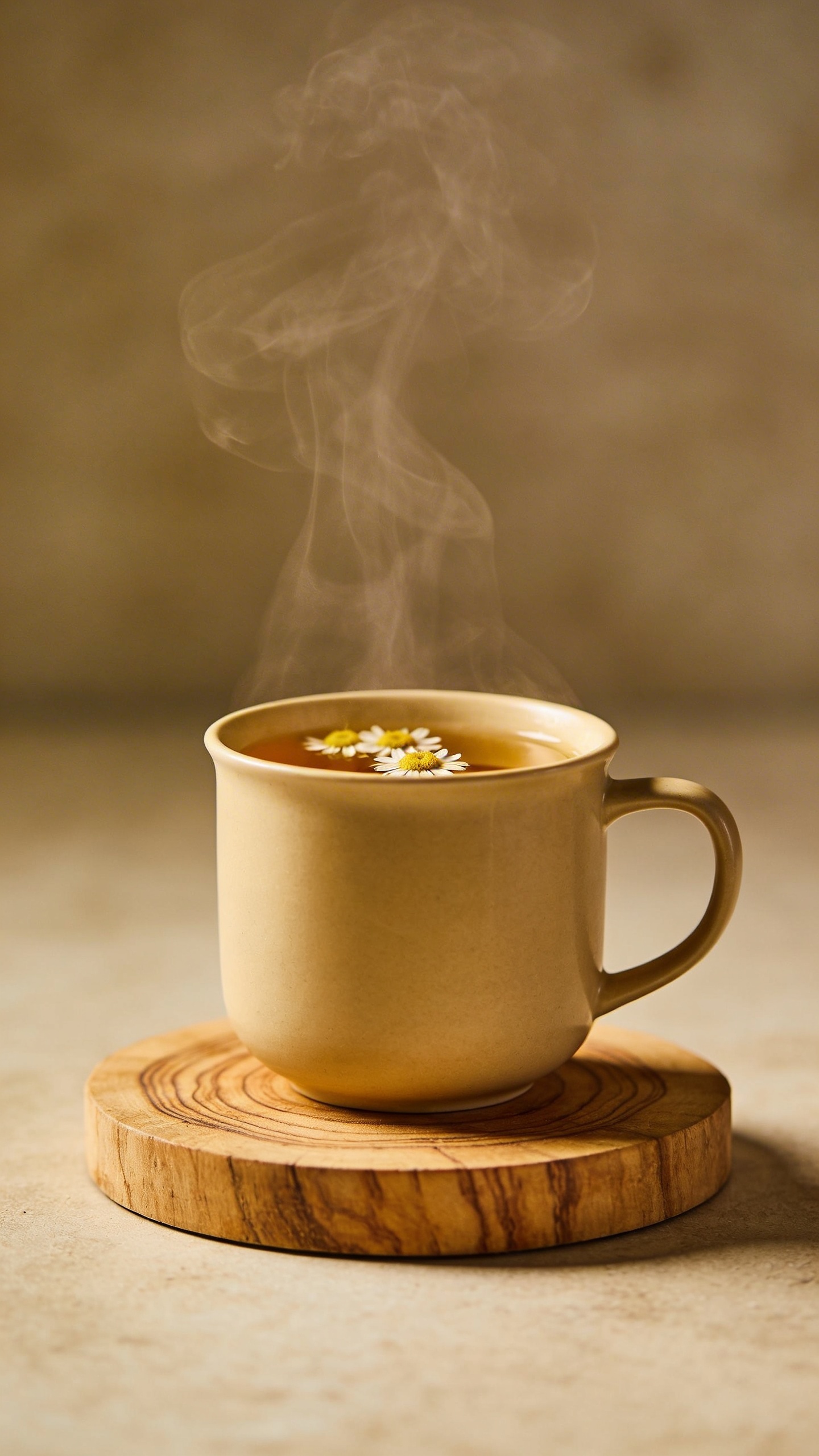 closeup of steaming chamomile tea mug on wooden coaster