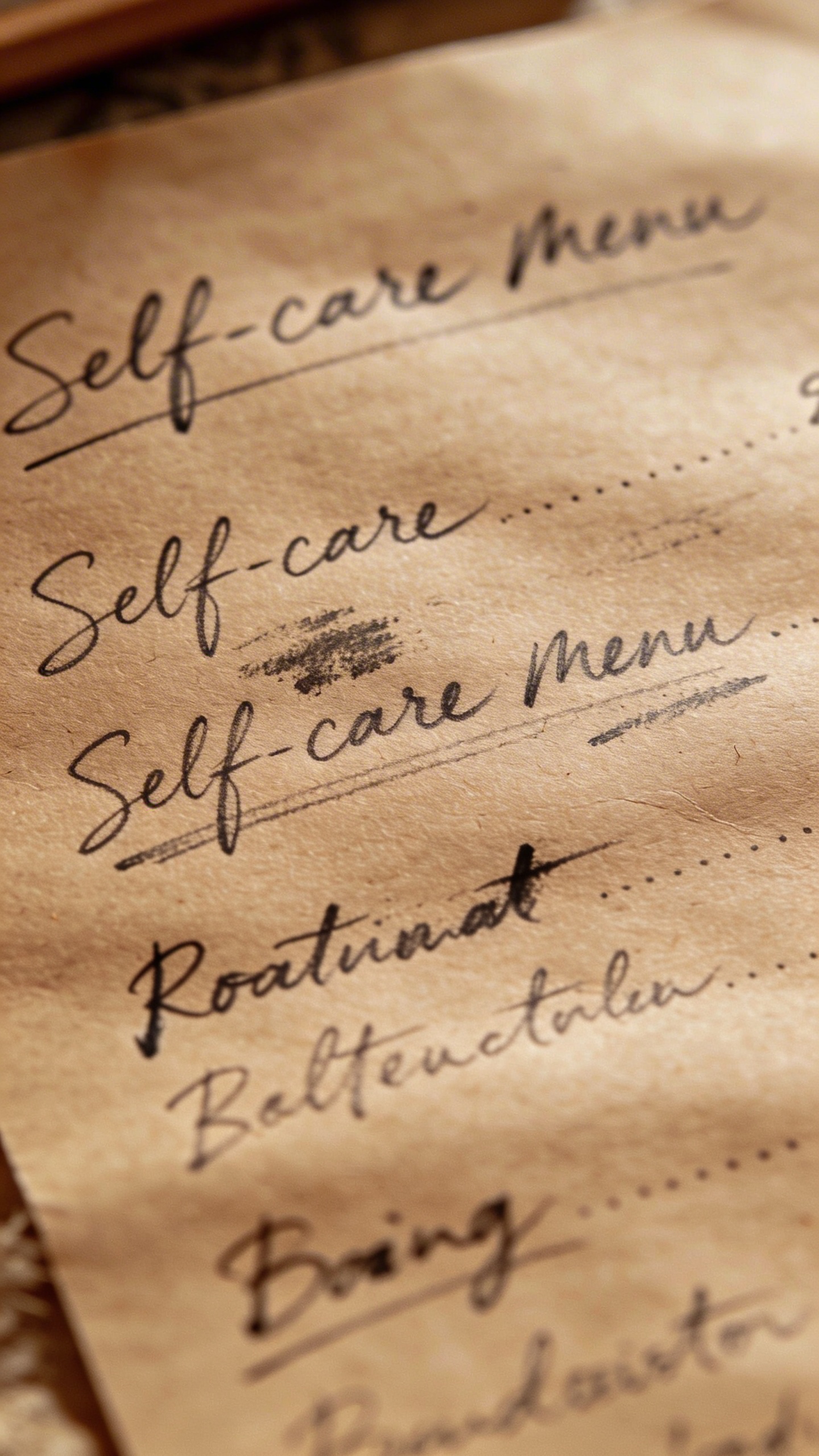 closeup of handwritten self-care menu on kraft paper
