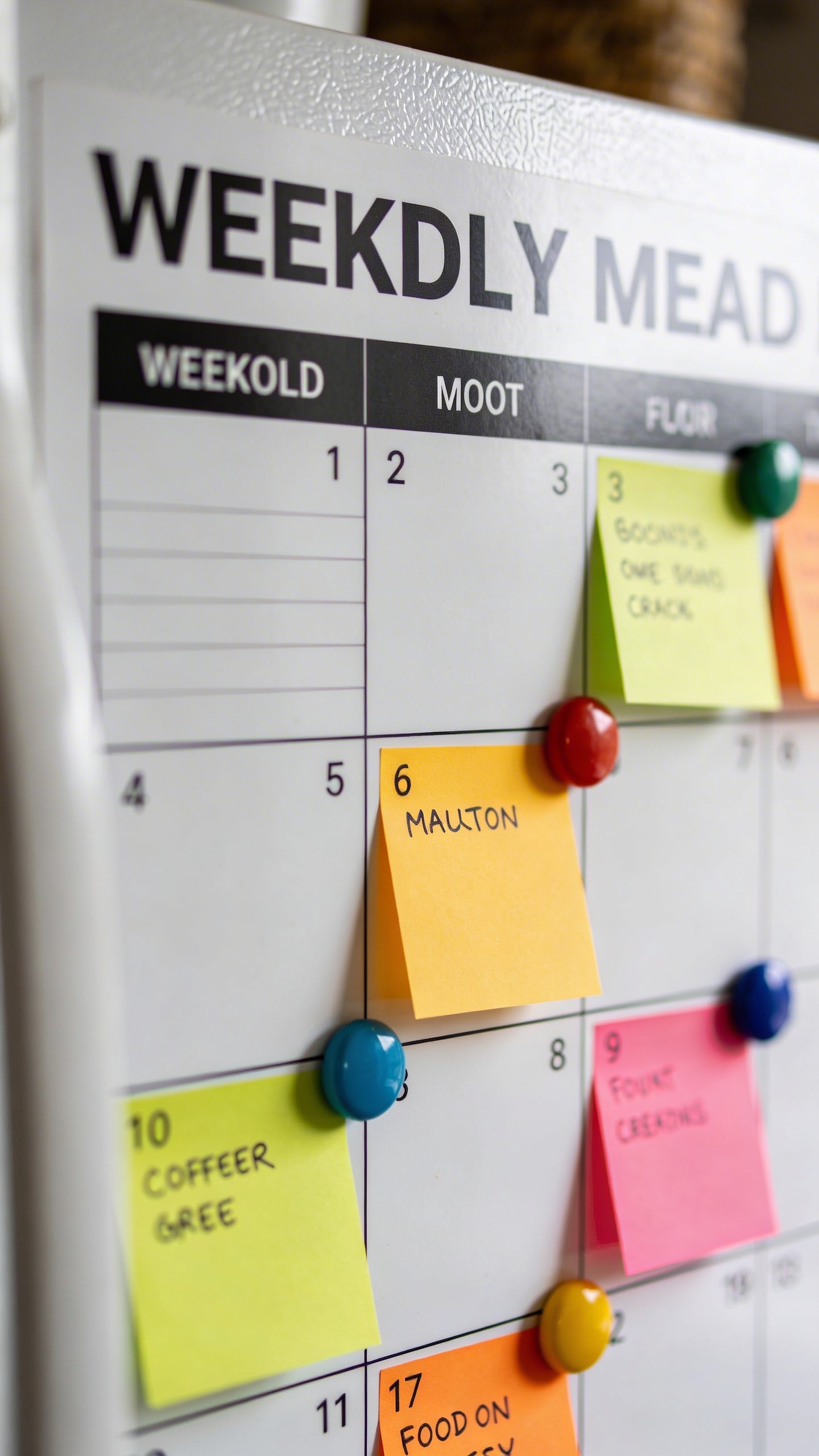 closeup of color-coded weekly meal plan on fridge