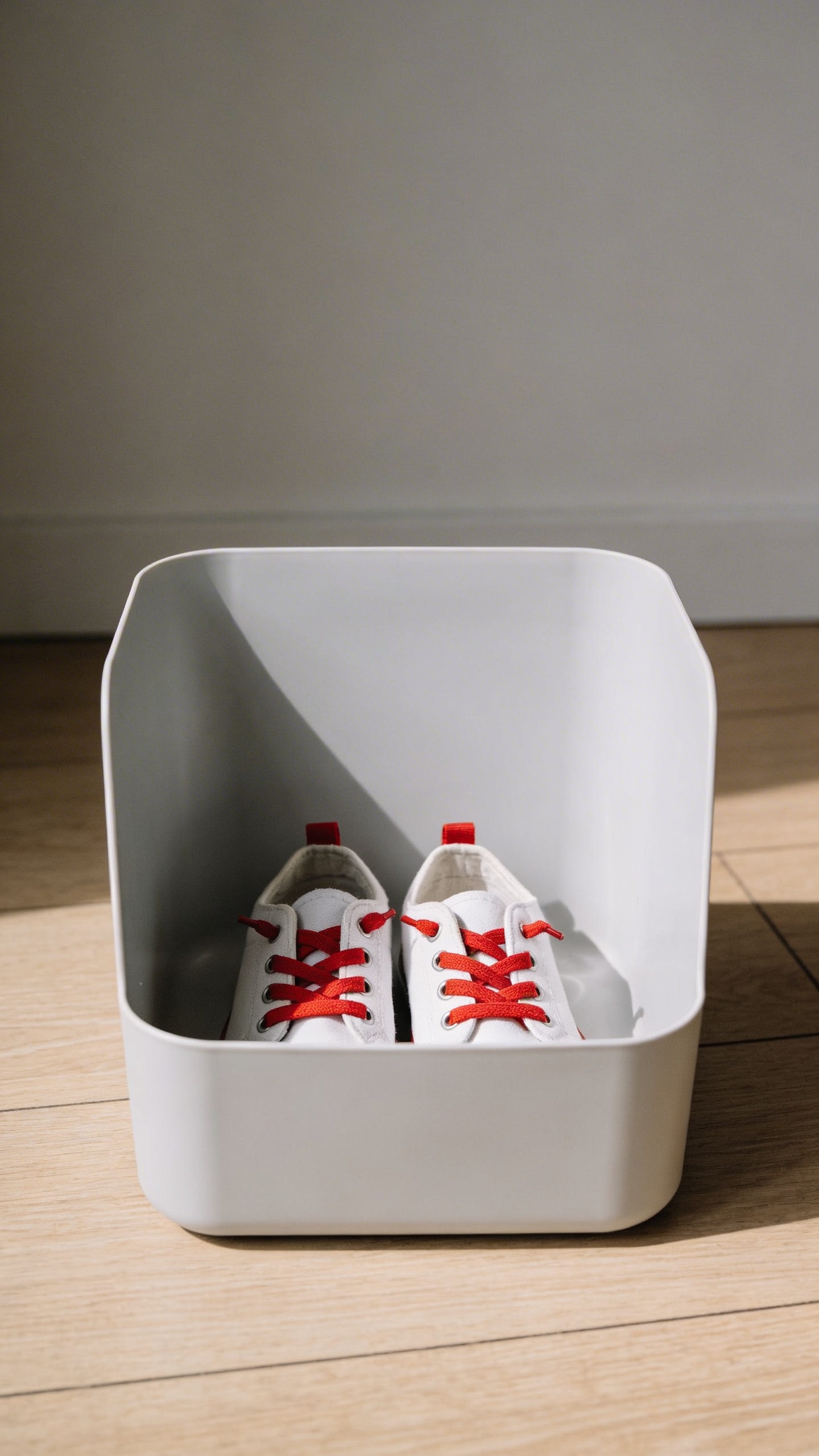 minimalist entryway bin with one pair of kids’ sneakers