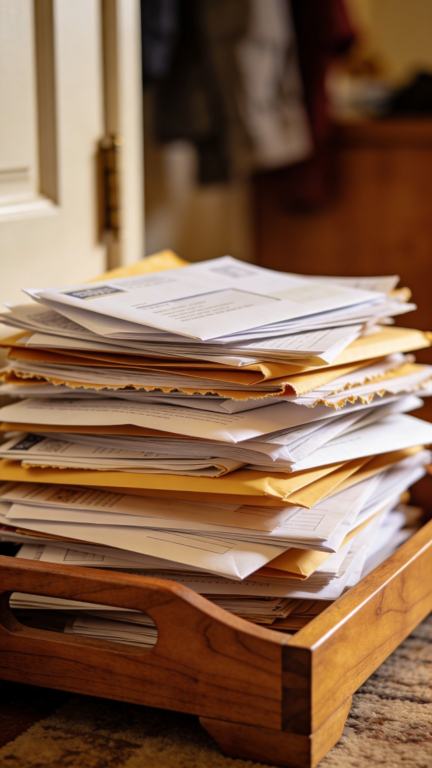 closeup of overflowing mail stack on wooden entryway tray