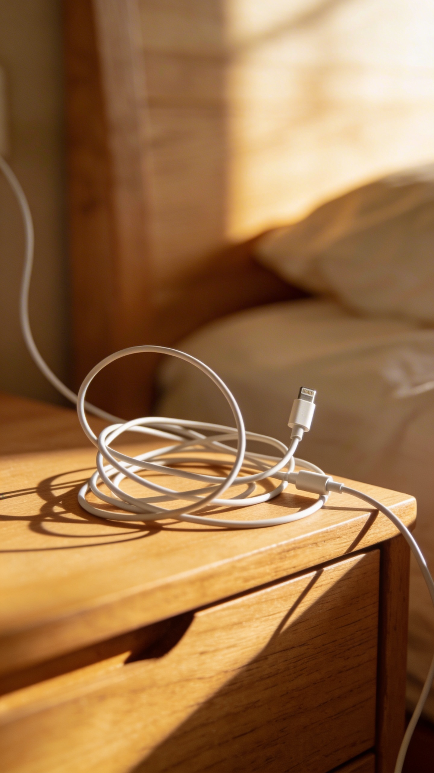 single messy nightstand with tangled charging cable, soft morning light