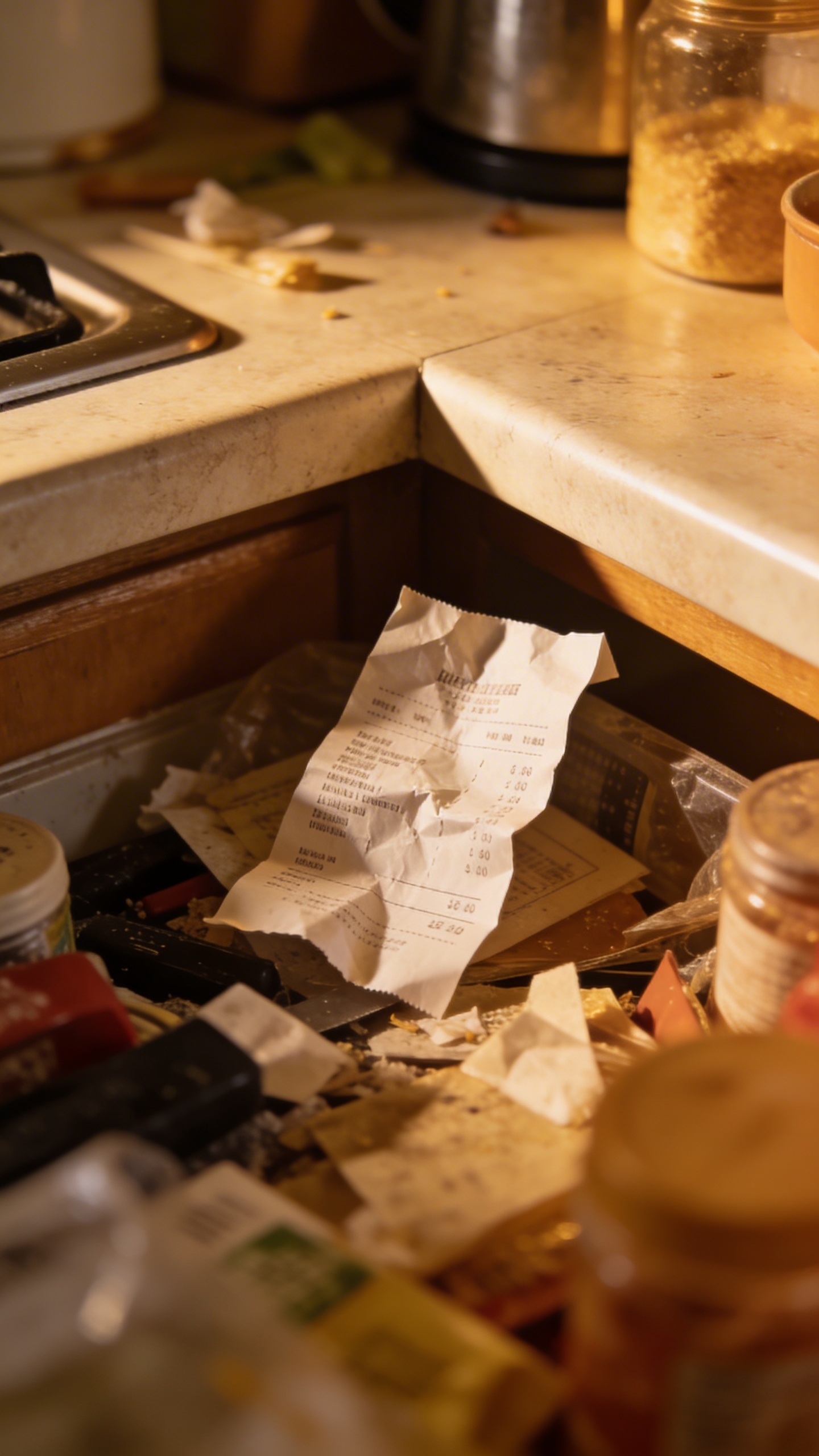 closeup of cluttered kitchen countertop corner with lone crumpled receipt