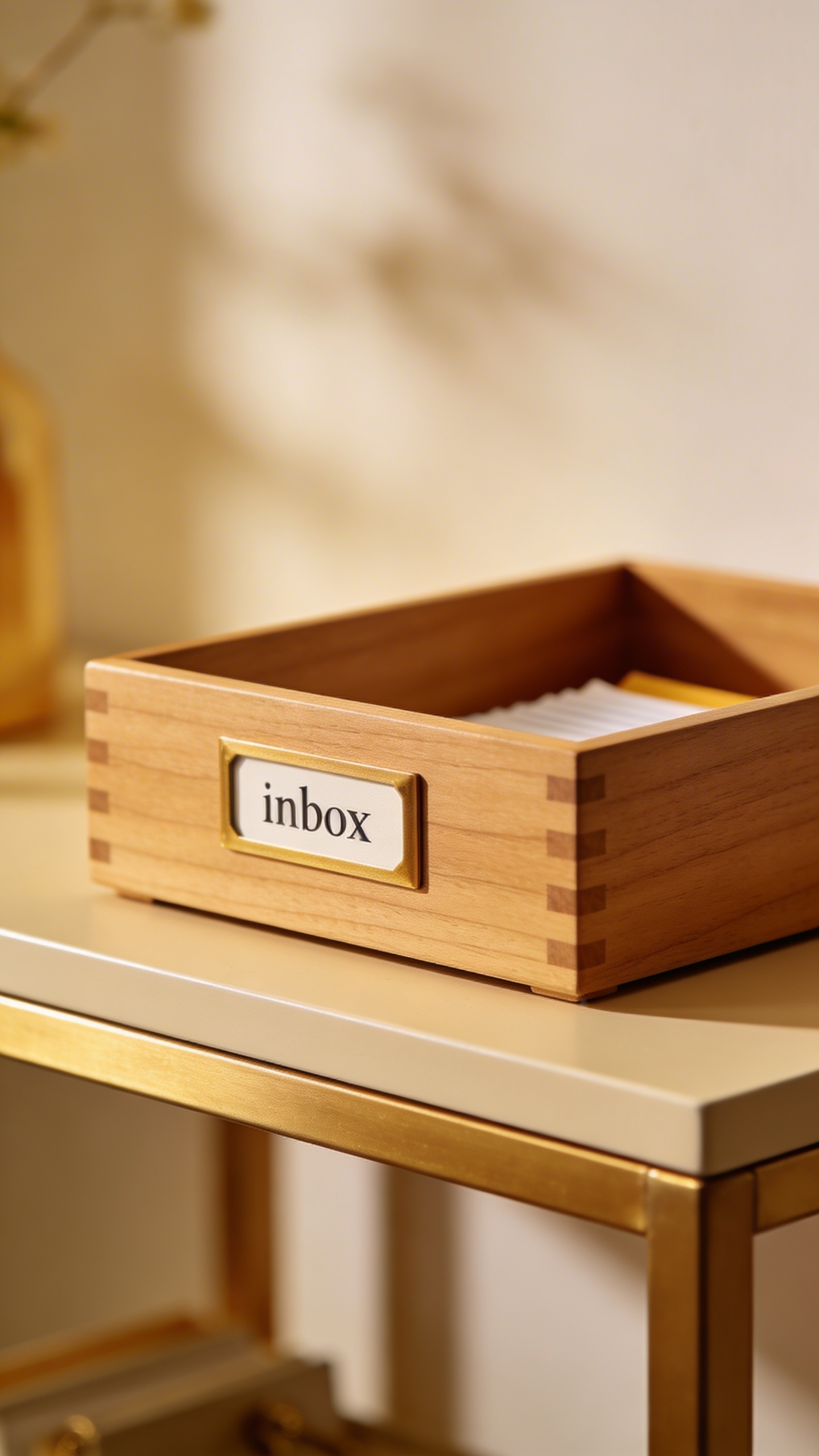 closeup of labeled “inbox” tray on entryway console