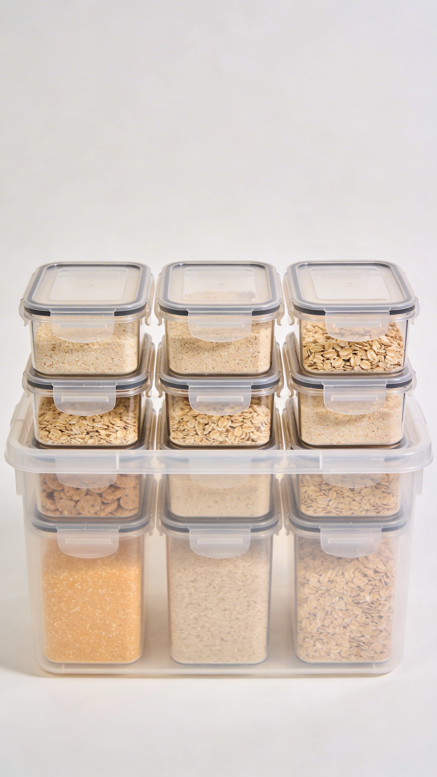 labeled clear pantry bin holding uniform cereal containers