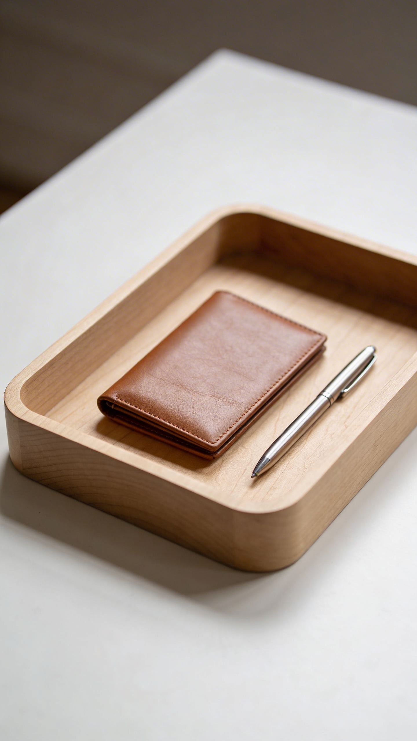 minimalist entryway tray with one wallet and one pen