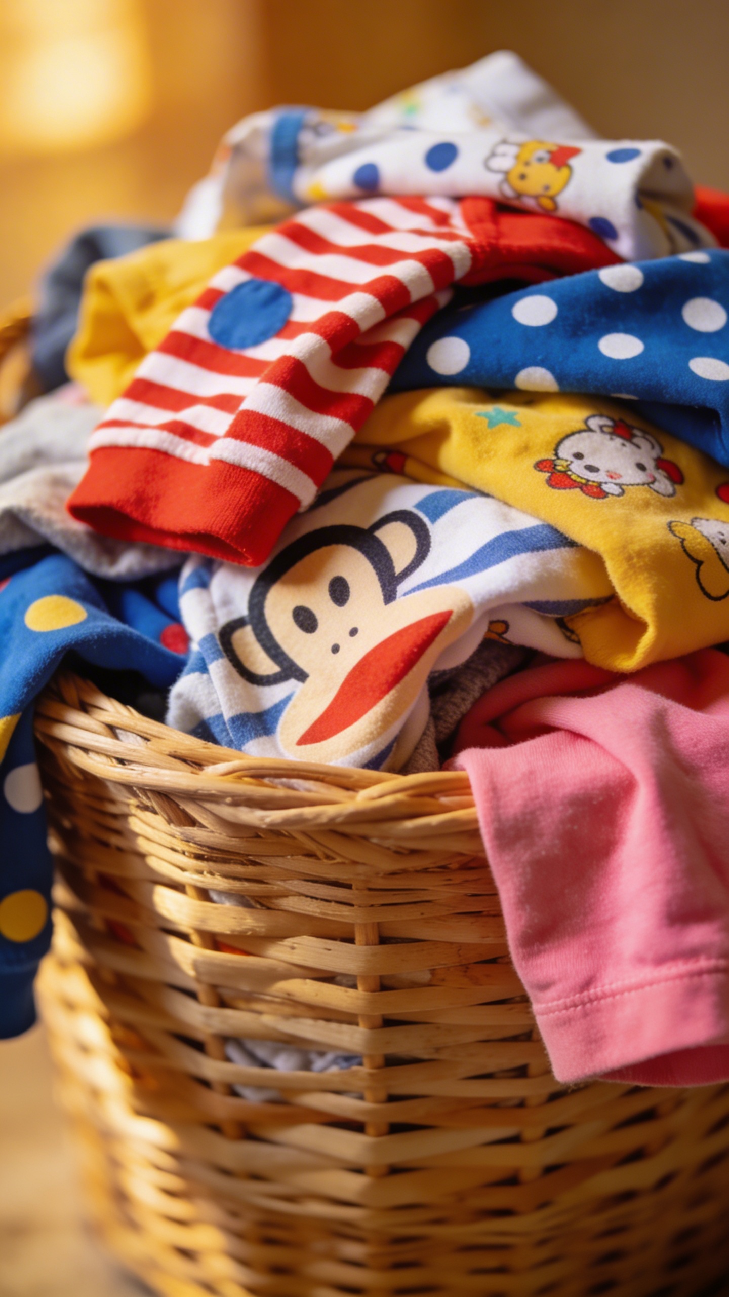 closeup laundry basket overflowing with mixed kid clothes