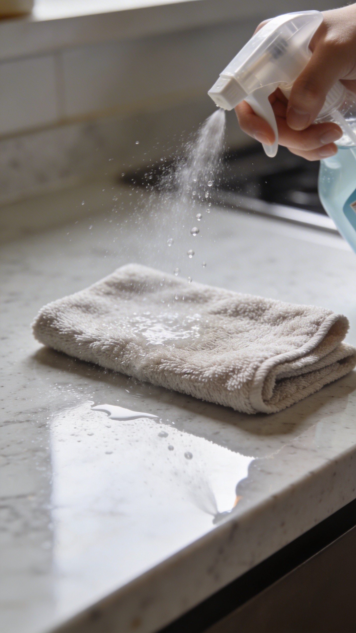 microfiber cloth spraying all-purpose cleaner on quartz countertop