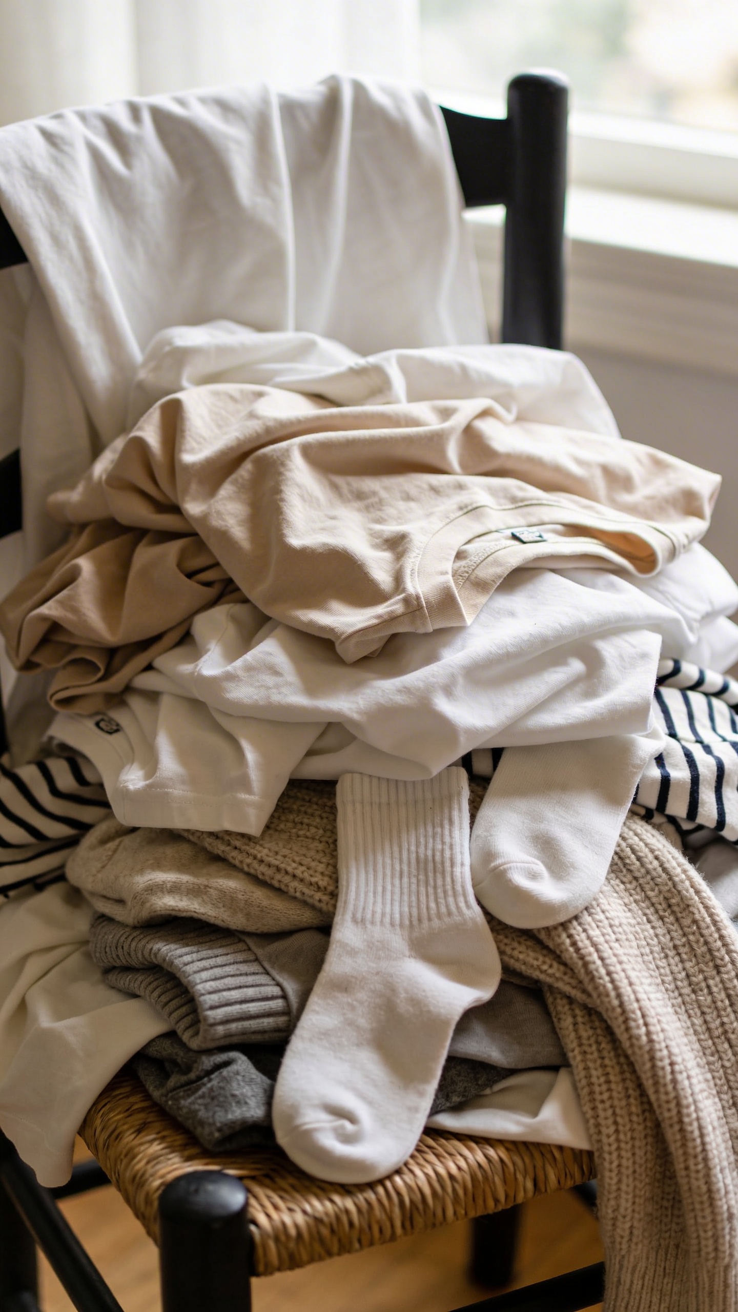 closeup of overflowing laundry chair, soft natural window light