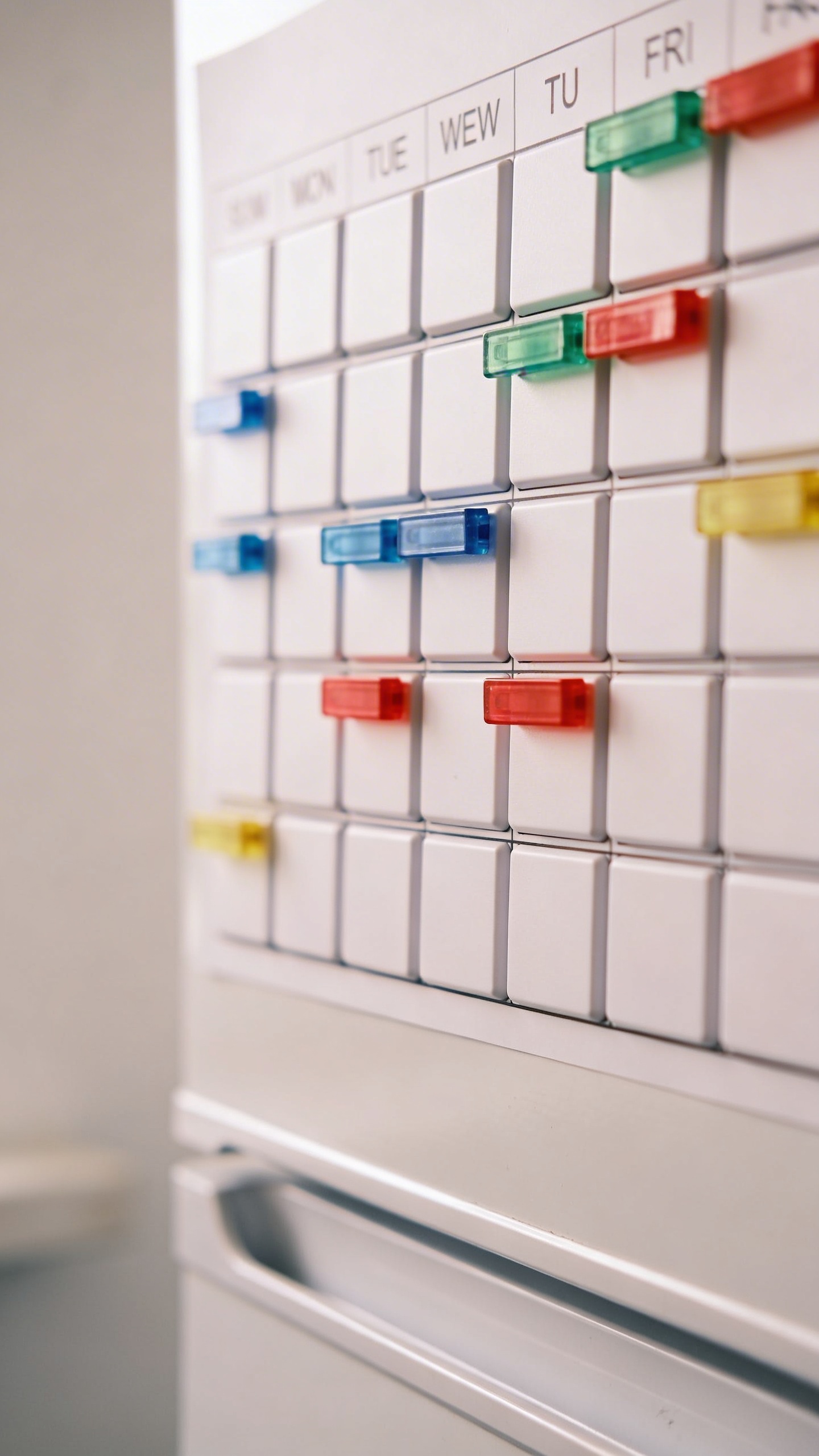closeup of a weekly magnetic fridge calendar with color-coded markers