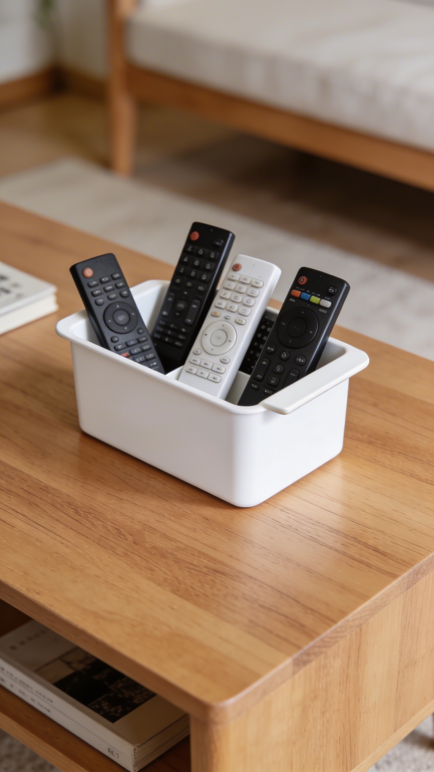minimalist white tray corralling remotes on oak coffee table
