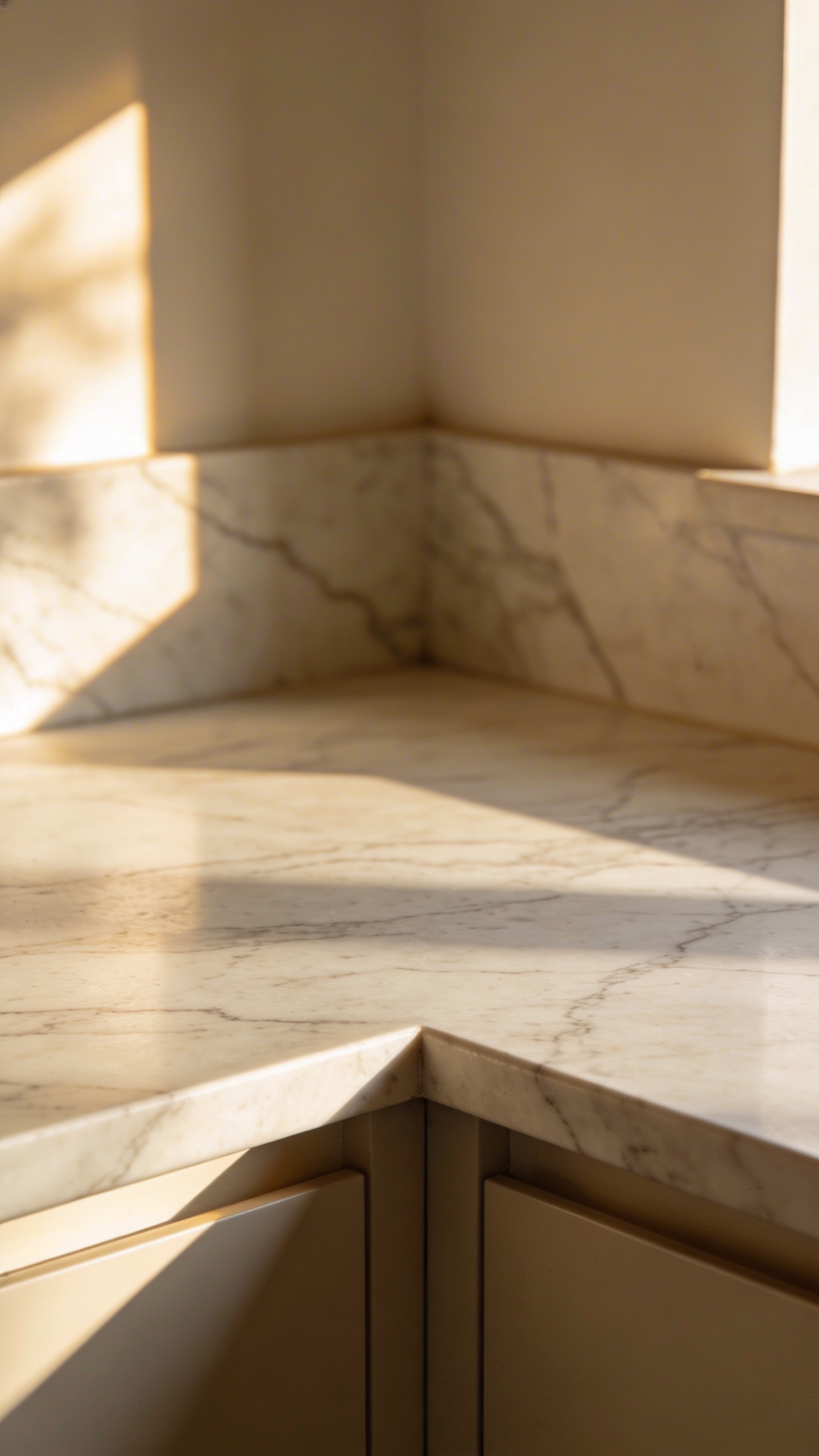 closeup of empty marble countertop corner with soft morning light