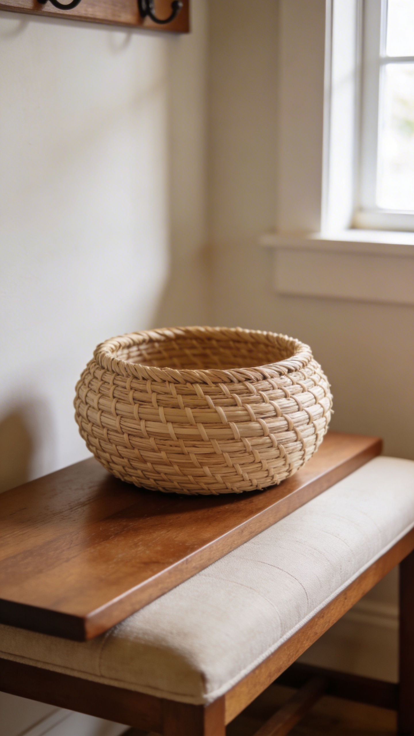 single woven rattan basket on entryway bench, neutral tones