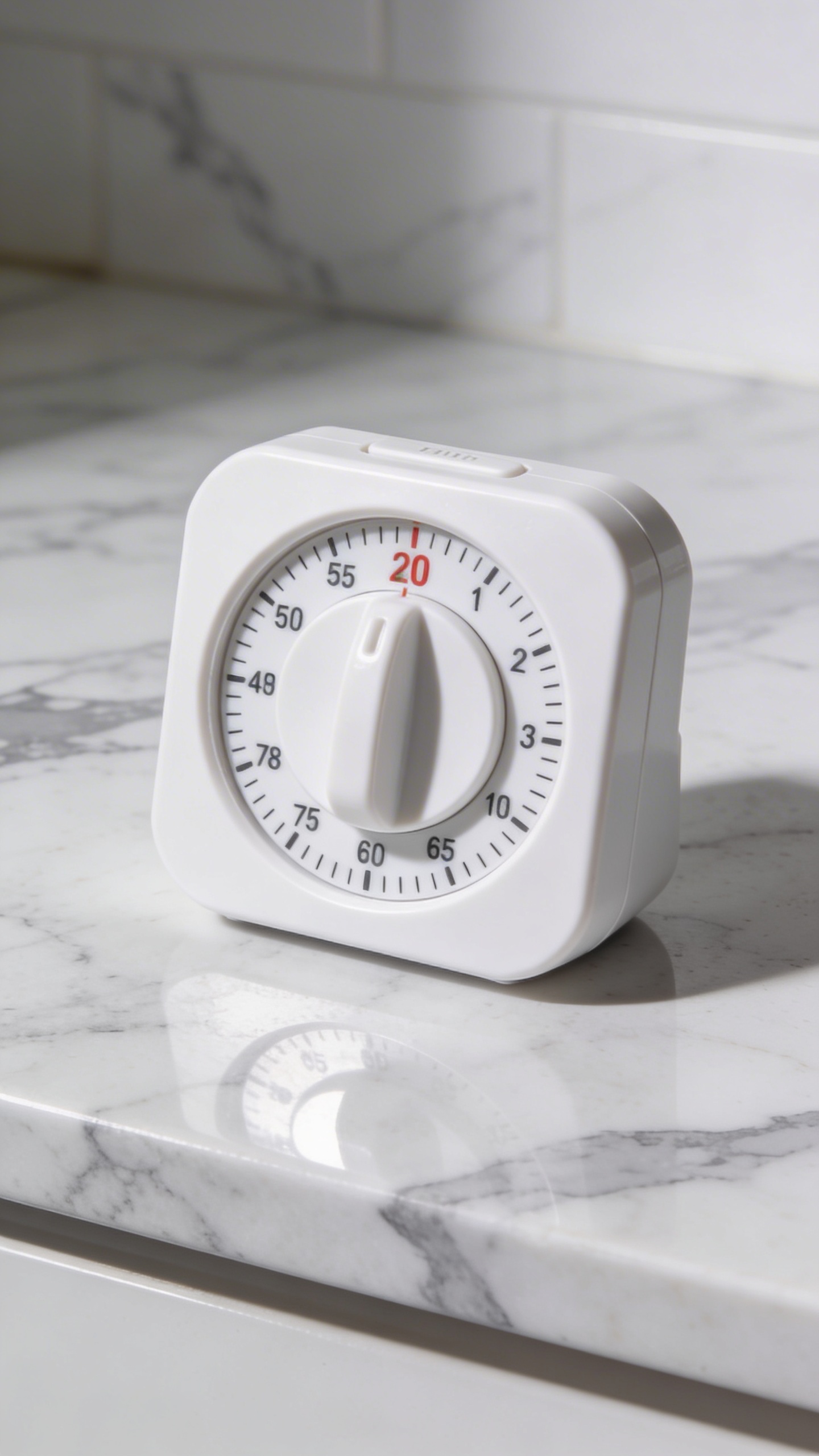 white kitchen timer at 20 minutes on marble countertop