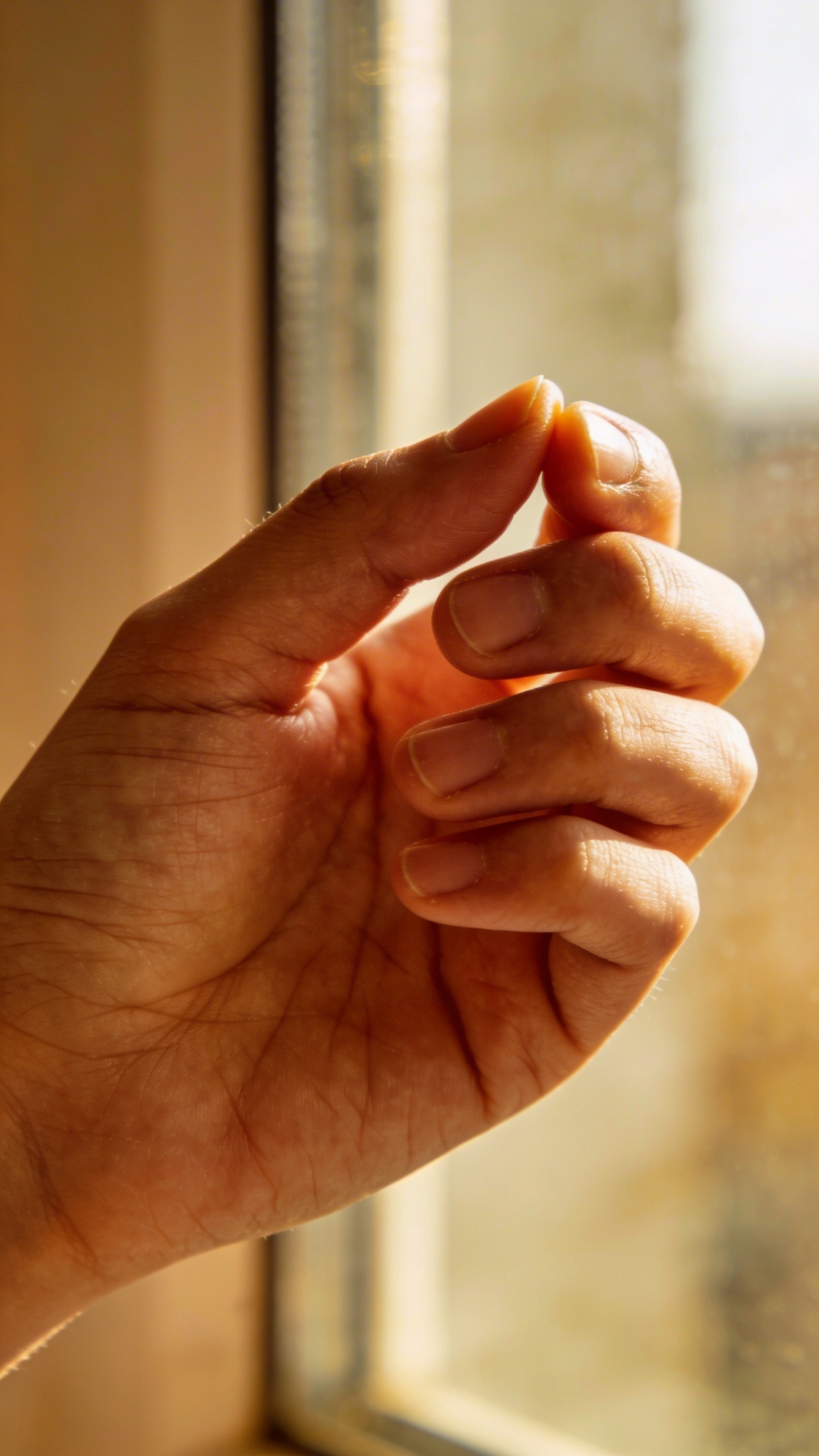 closeup of single hand unclenching, soft natural window light