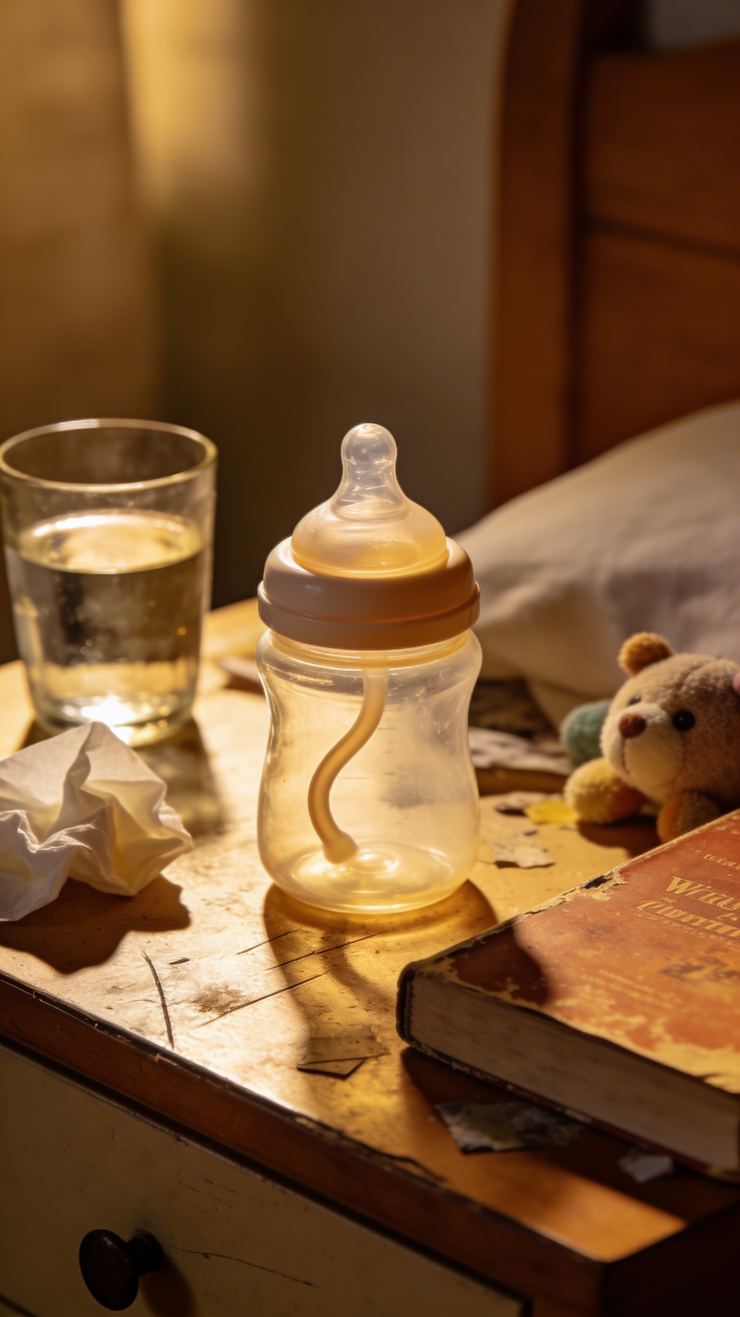 closeup of a single baby bottle on cluttered nightstand