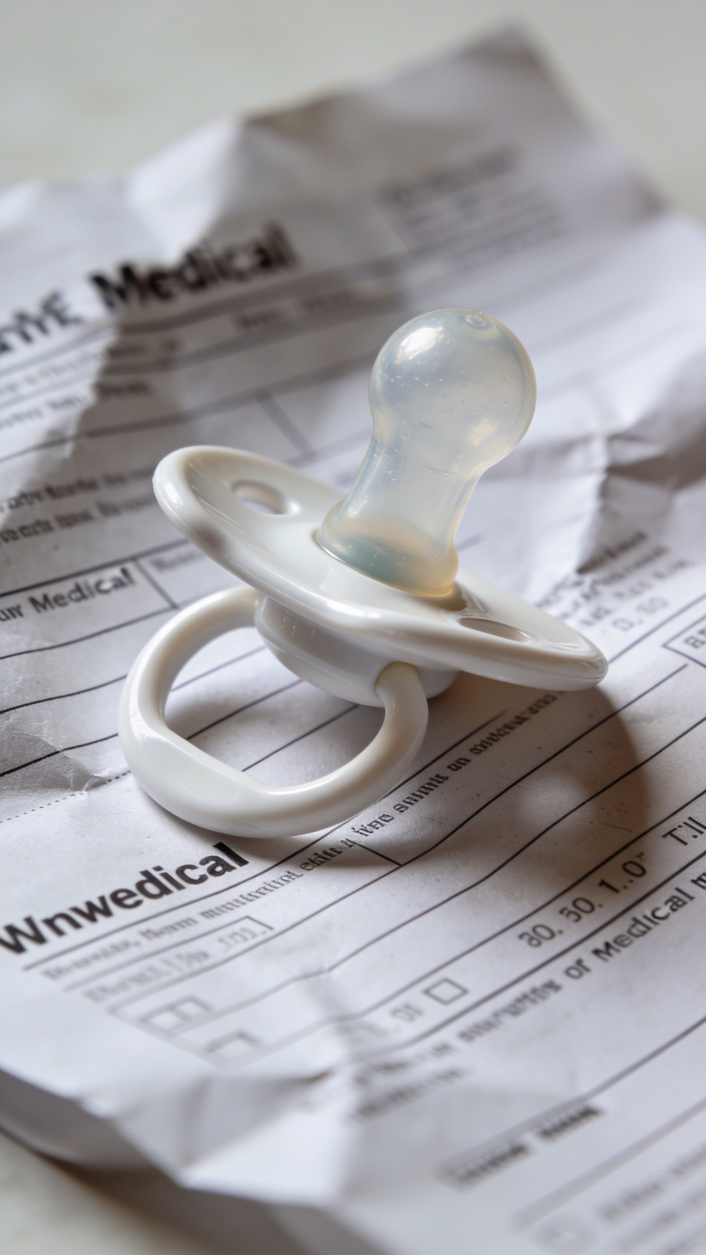 macro of a lone pacifier on unpaid medical bills