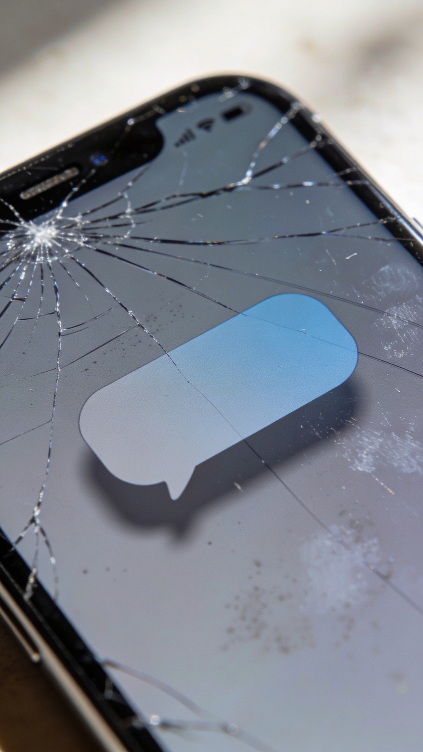 closeup of unread text message bubble on cracked phone screen