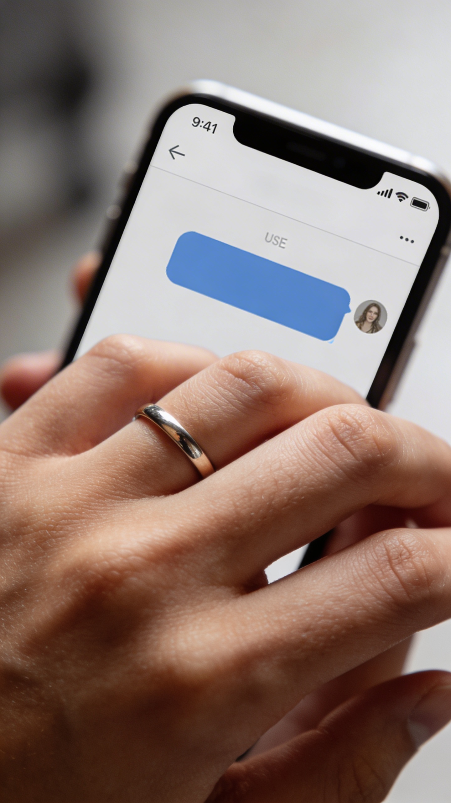 closeup of unread text notification on wedding-ringed hand
