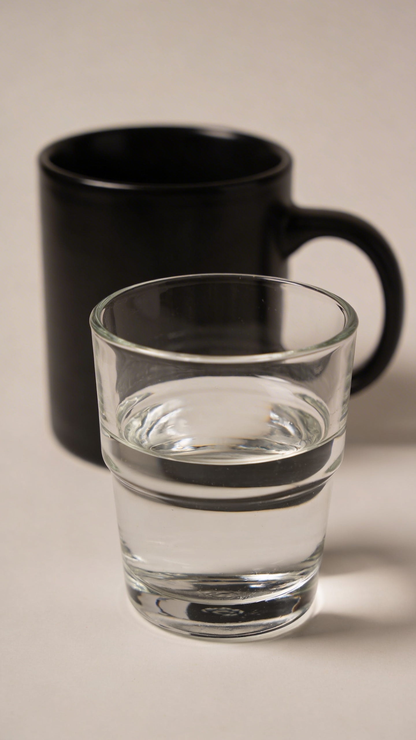 closeup of a single clear water glass before black coffee mug