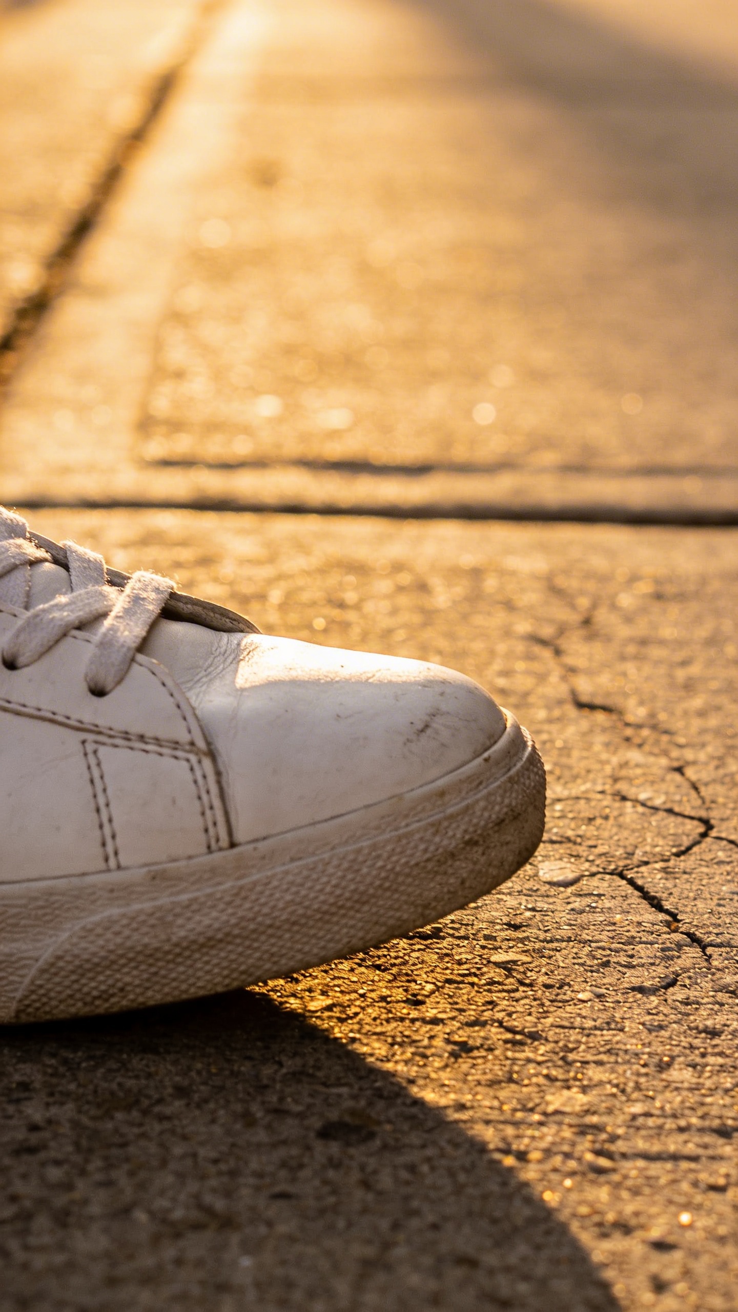 single white sneaker toe stepping onto sidewalk, golden hour