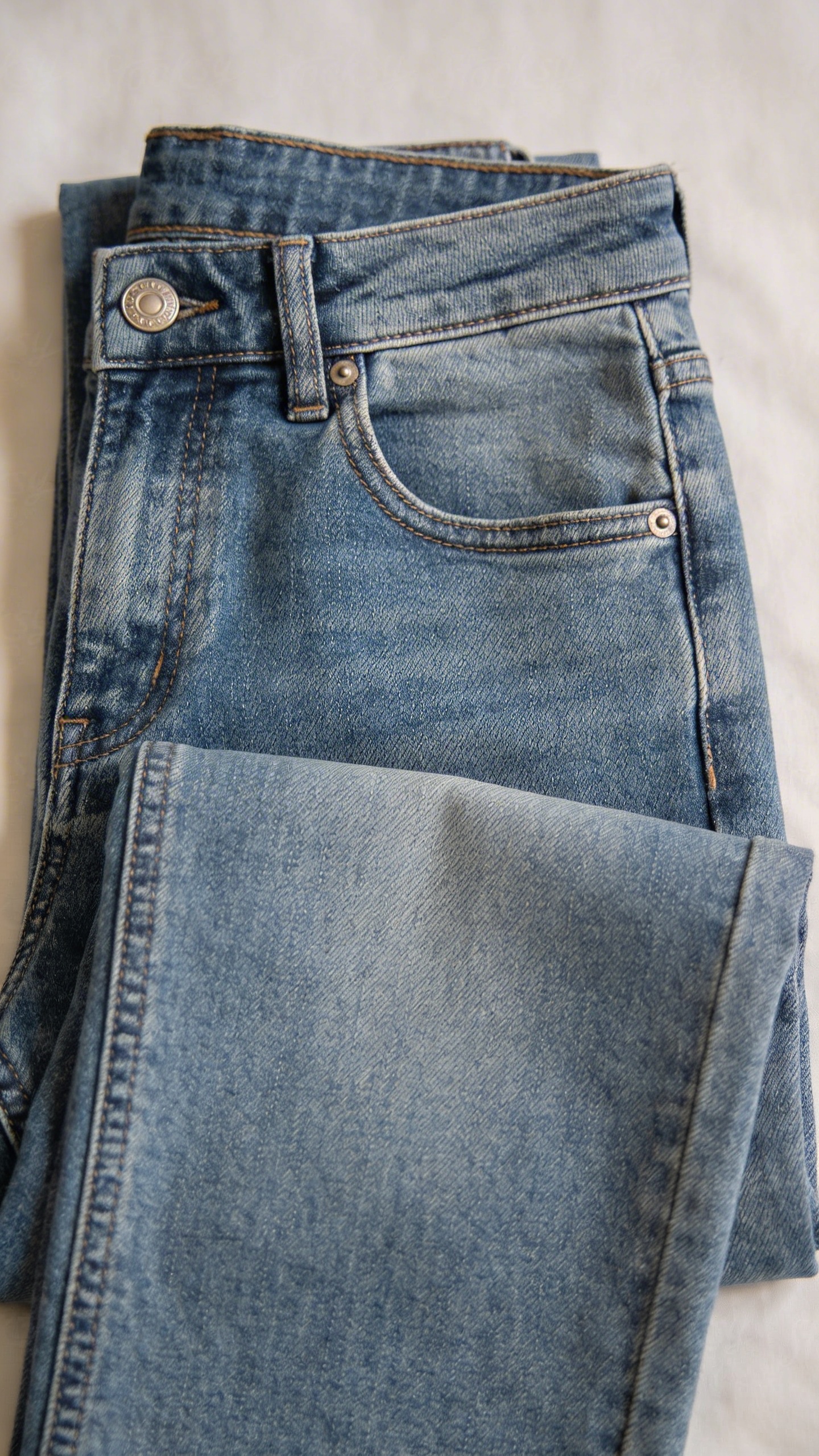 high-rise straight-leg jeans folded, visible button fly
