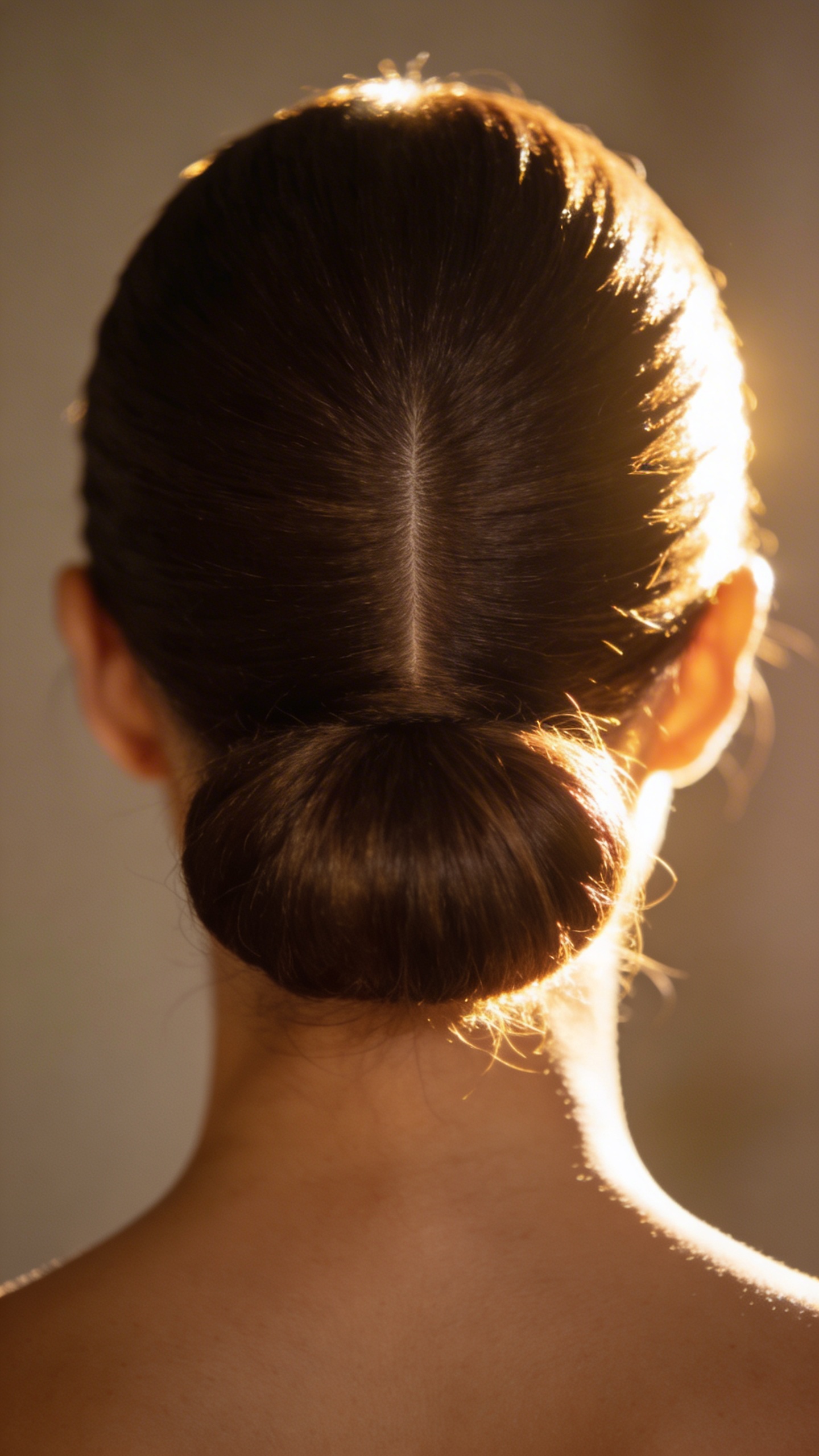 single sleek low bun with clean middle part, backlit