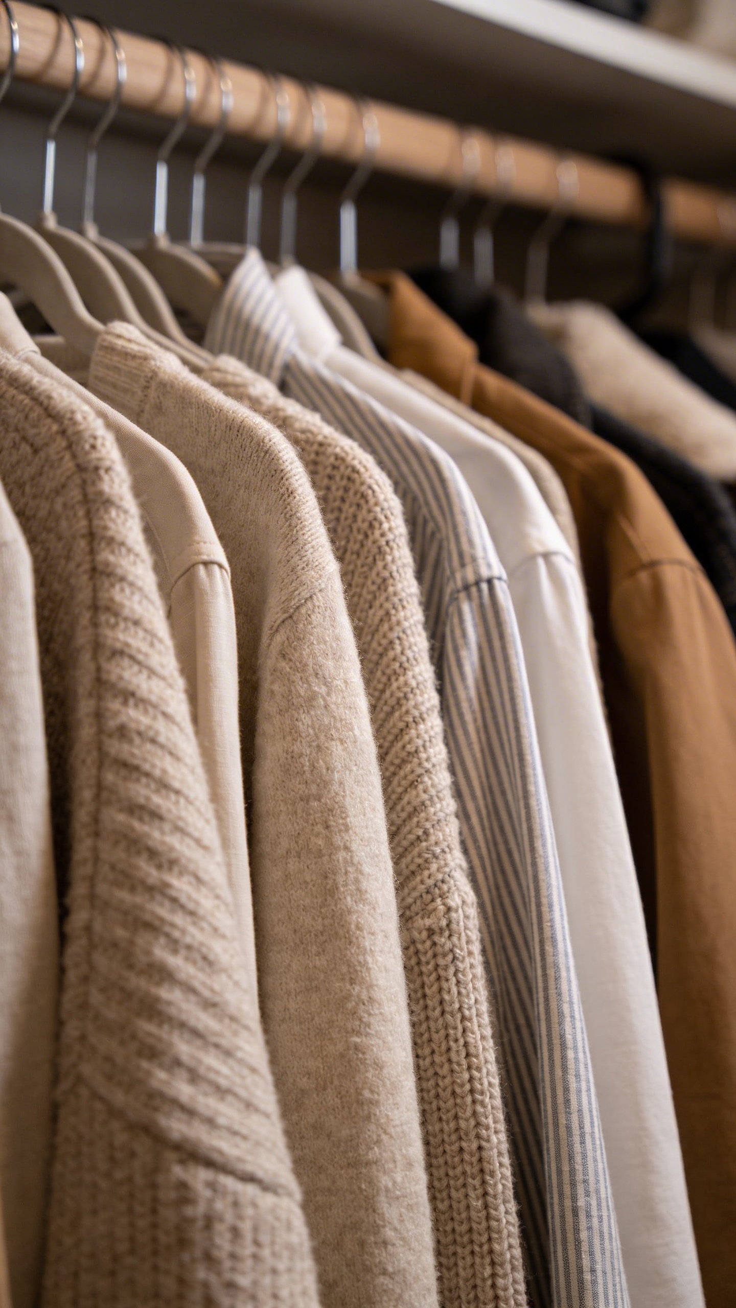 closeup of overstuffed neutral closet rod, blurred hangers