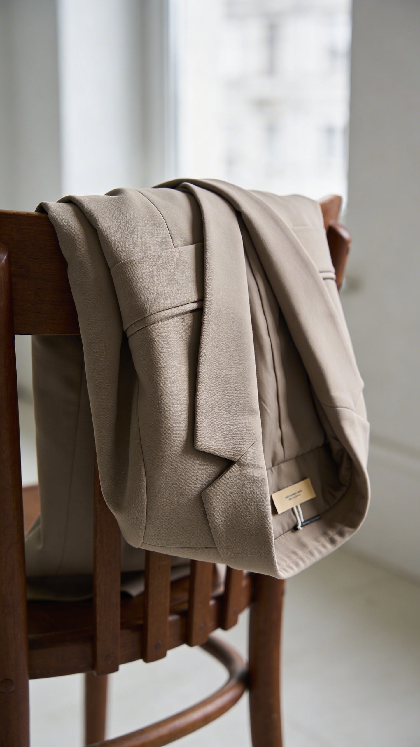 single unworn blazer with tags on, draped over chair