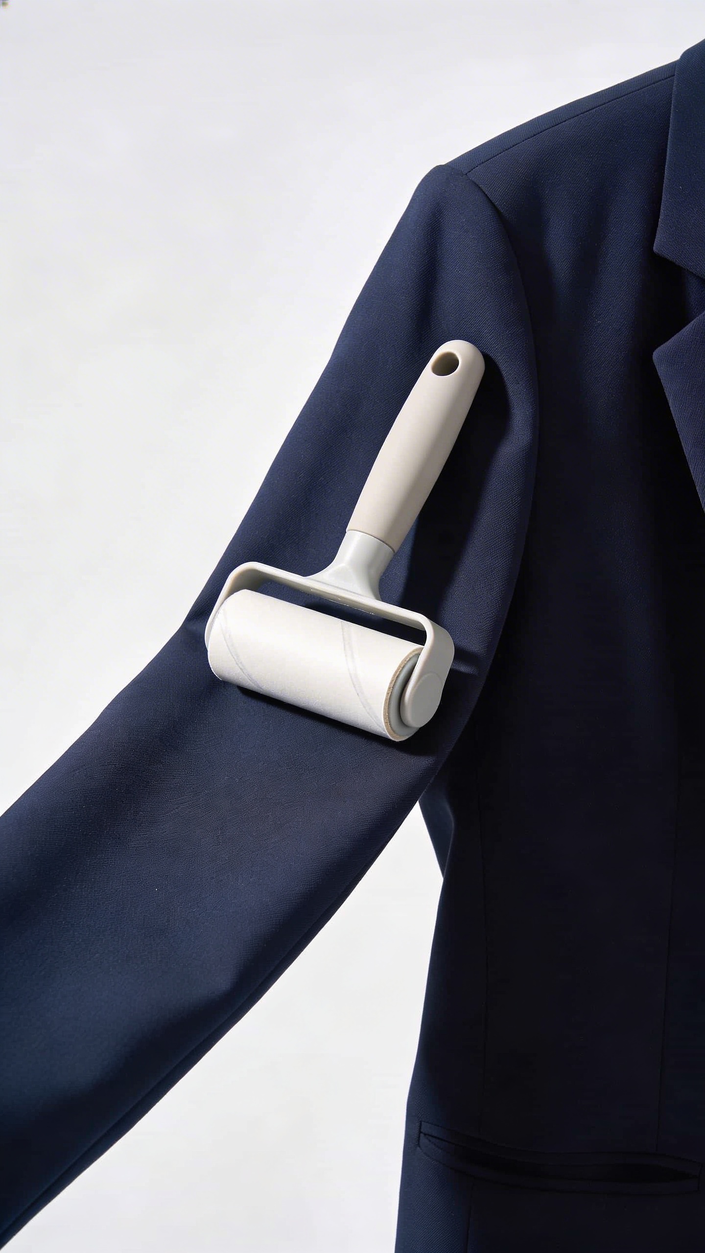 single lint roller on navy blazer sleeve, studio lighting