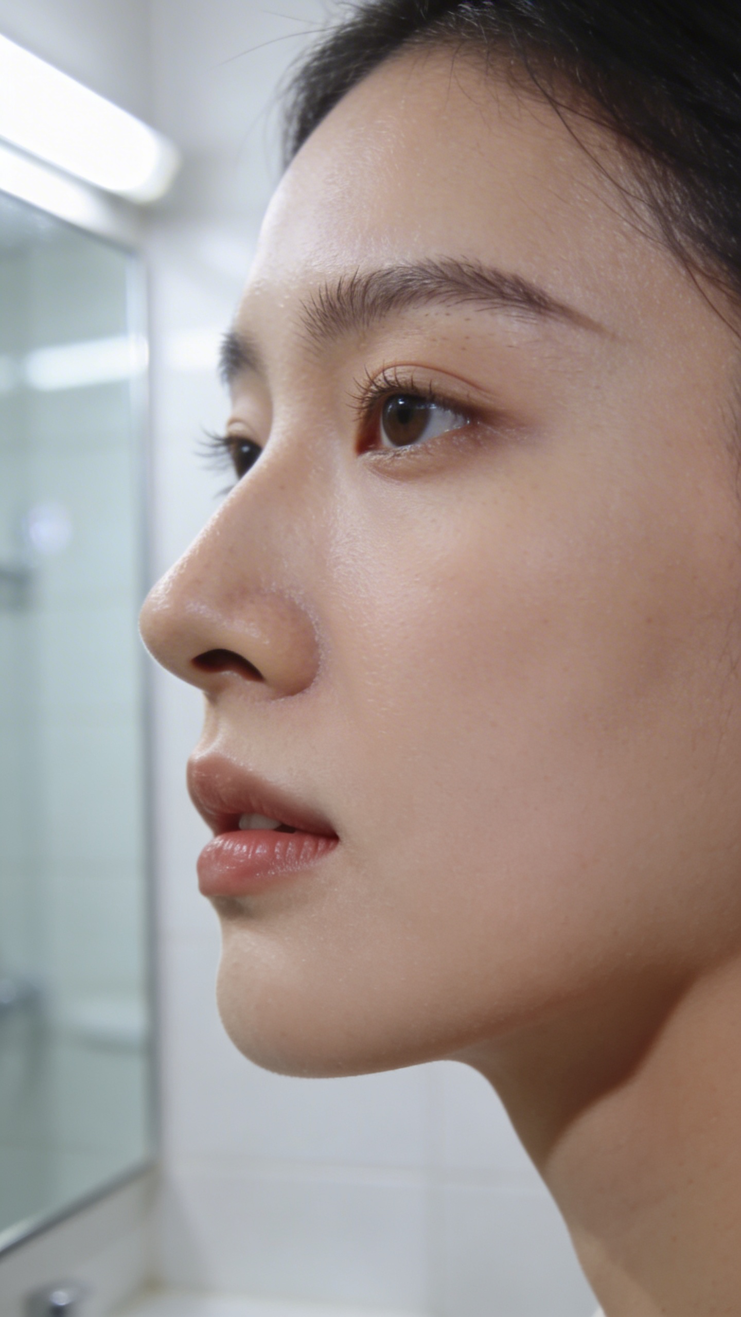 profile of one face lit by cool fluorescent bathroom light
