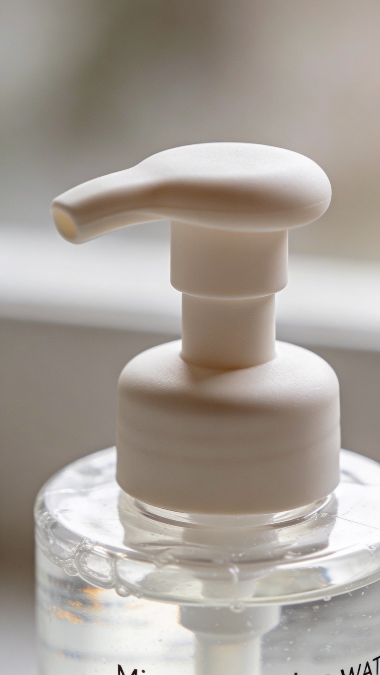 closeup of micellar water bottle with soft pump, minimalist label