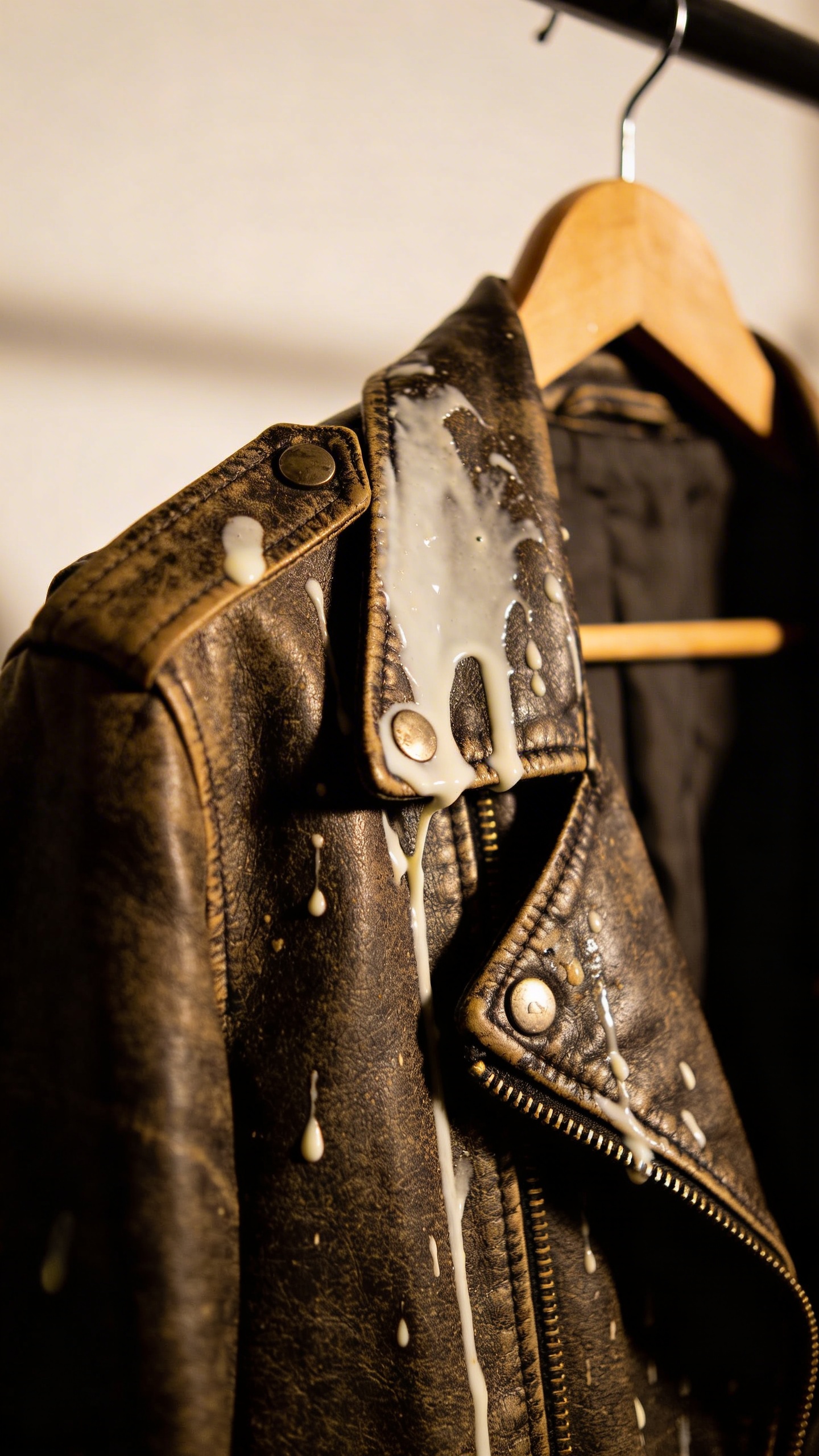 closeup of milk-stained leather jacket on hanger