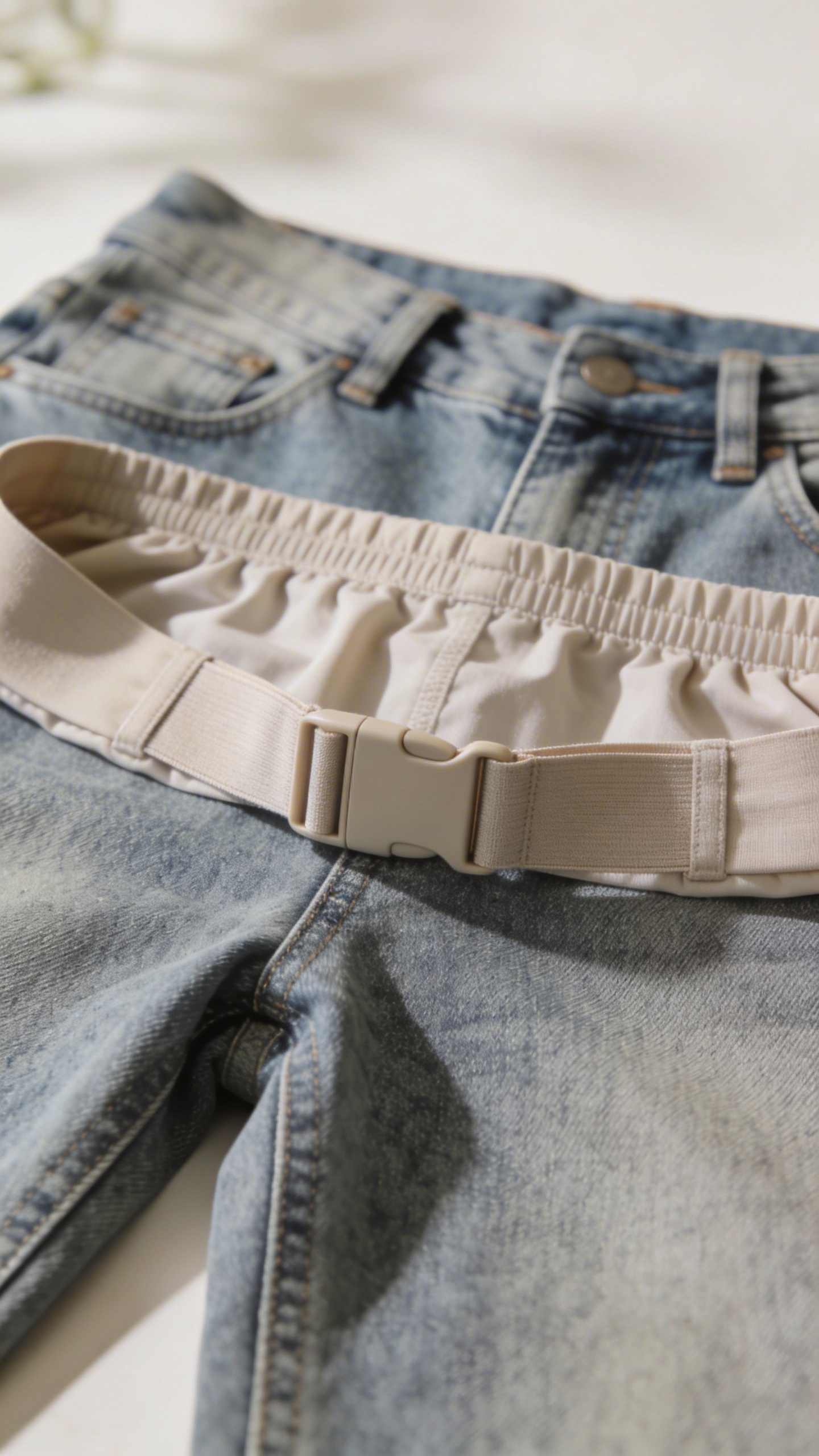 high-waisted jeans with elastic waist extender, flat lay closeup